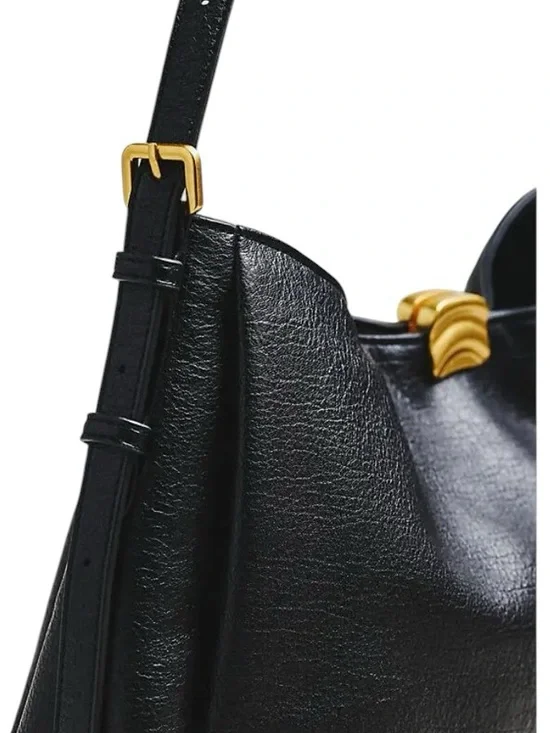 Anthropologie Foldover Slouchy Shoulder Bag Black Leather Hobo Gold Hardware NWT - Picture 9 of 11